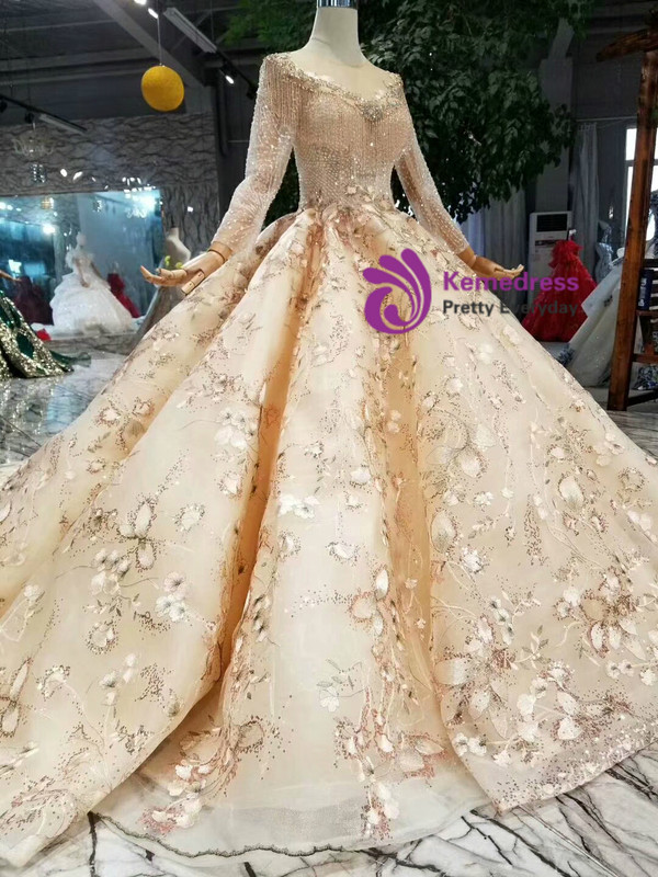 Shop 2019 Long & Short Champagne Ball Gown Tulle Lace Appliques Sequins Long Sleeve Wedding Dress With Beading With Factory Price From Kemedress