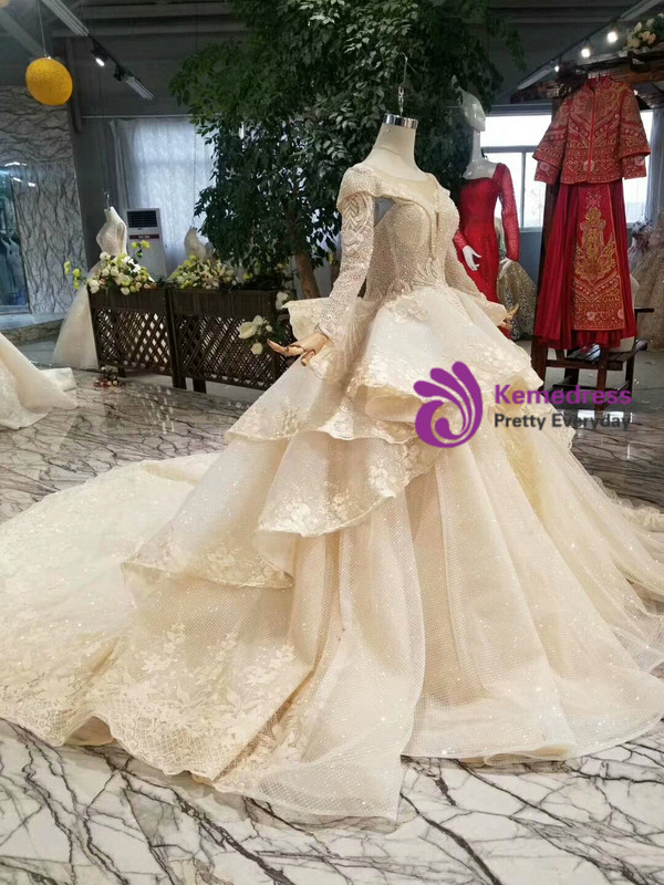 Shop 2019 Long & Short Champagne Tulle Sequins Bateau Long Sleeve Wedding Dress With Beading With Factory Price From Kemedress