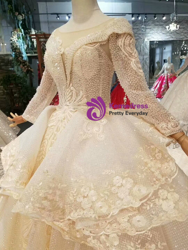 Shop 2019 Long & Short Champagne Tulle Sequins Bateau Long Sleeve Wedding Dress With Beading With Factory Price From Kemedress