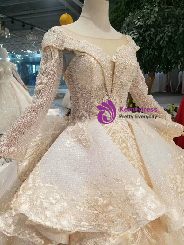 Shop 2019 Long & Short Champagne Tulle Sequins Bateau Long Sleeve Wedding Dress With Beading With Factory Price From Kemedress