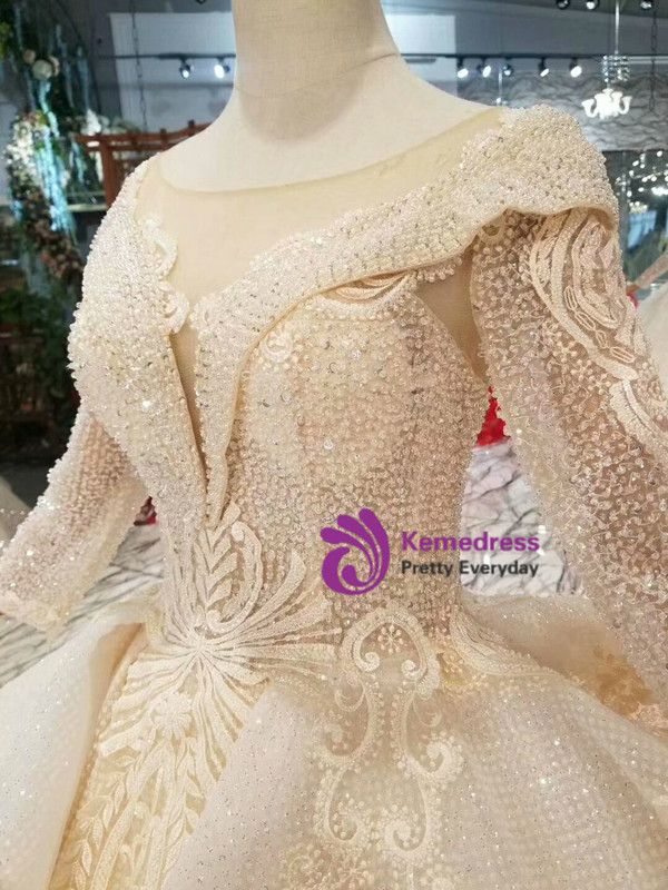 Shop 2019 Long & Short Champagne Tulle Sequins Bateau Long Sleeve Wedding Dress With Beading With Factory Price From Kemedress