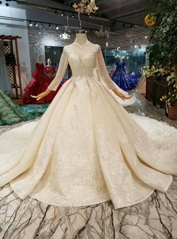 Shop 2019 Long & Short Champagne Ball Gown Tulle Lace Appliques High Neck Long Sleeve Wedding Dress With Factory Price From Kemedress
