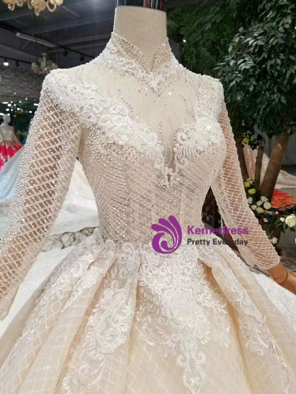 Shop 2019 Long & Short Champagne Ball Gown Tulle Lace Appliques High Neck Long Sleeve Wedding Dress With Factory Price From Kemedress