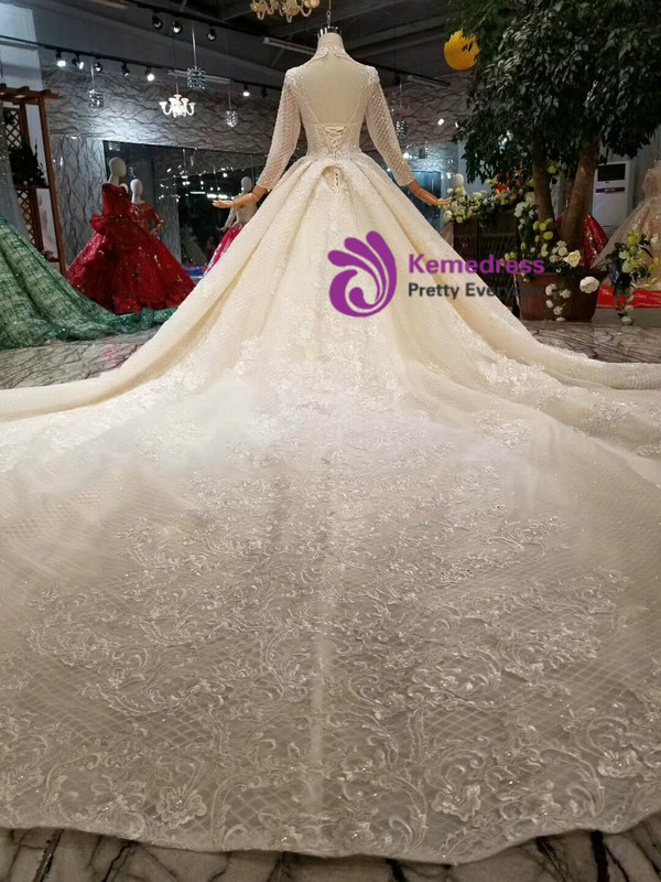 Shop 2019 Long & Short Champagne Ball Gown Tulle Lace Appliques High Neck Long Sleeve Wedding Dress With Factory Price From Kemedress