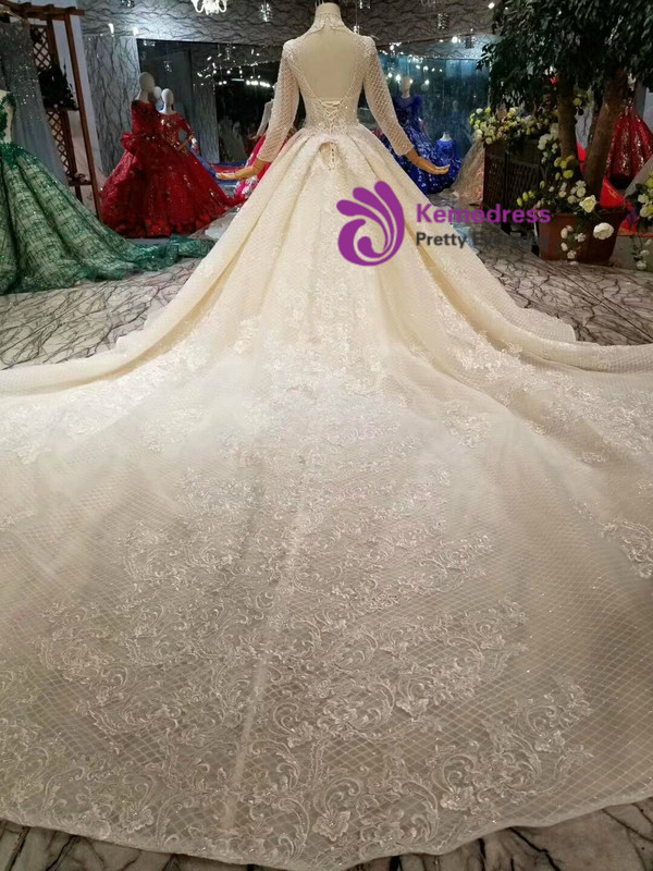 Shop 2019 Long & Short Champagne Ball Gown Tulle Lace Appliques High Neck Long Sleeve Wedding Dress With Factory Price From Kemedress