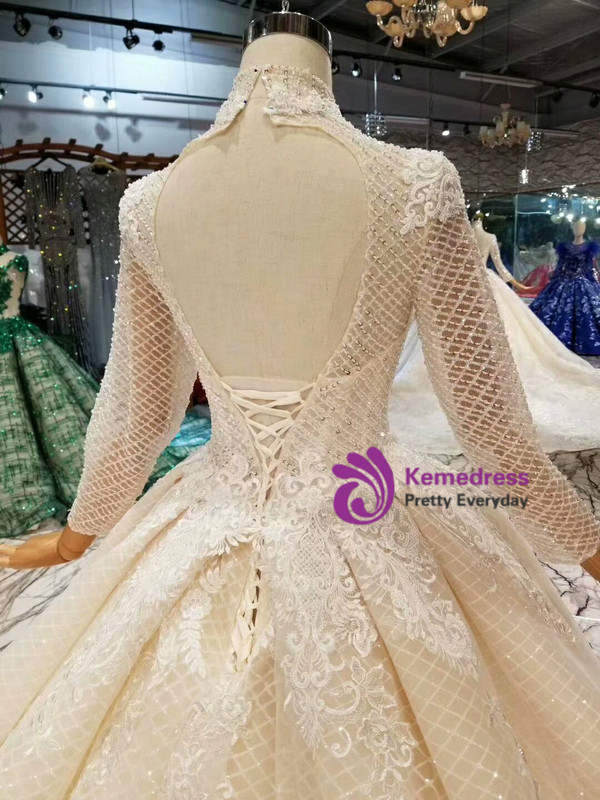 Shop 2019 Long & Short Champagne Ball Gown Tulle Lace Appliques High Neck Long Sleeve Wedding Dress With Factory Price From Kemedress