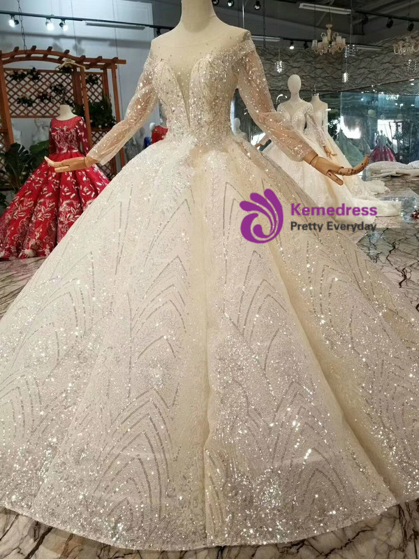 Shop 2019 Long & Short Champagne Ball Gown Tulle Sequins Long Sleeve Wedding Dress With Beading With Factory Price From Kemedress