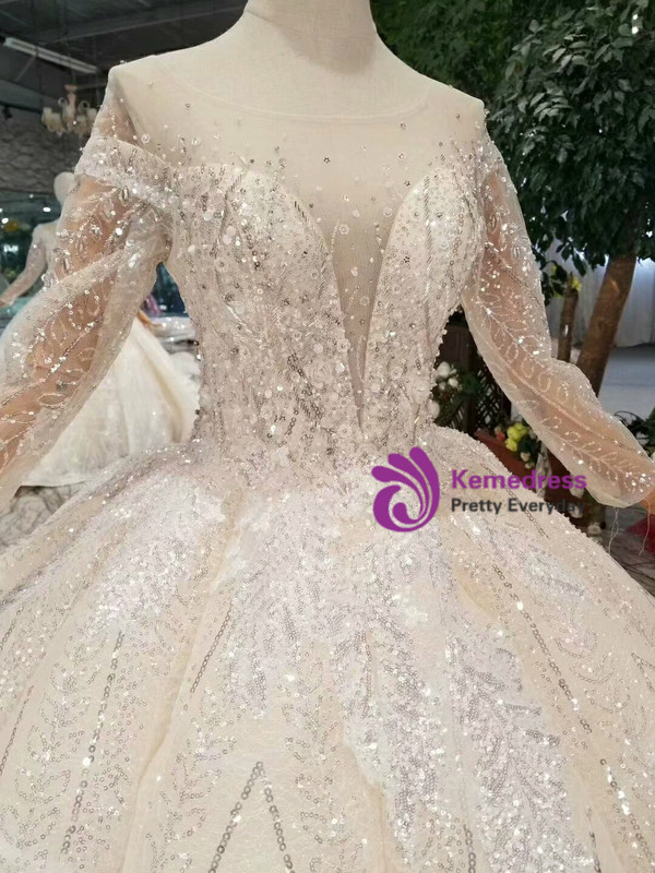 Shop 2019 Long & Short Champagne Ball Gown Tulle Sequins Long Sleeve Wedding Dress With Beading With Factory Price From Kemedress
