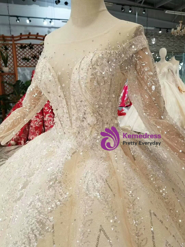 Shop 2019 Long & Short Champagne Ball Gown Tulle Sequins Long Sleeve Wedding Dress With Beading With Factory Price From Kemedress