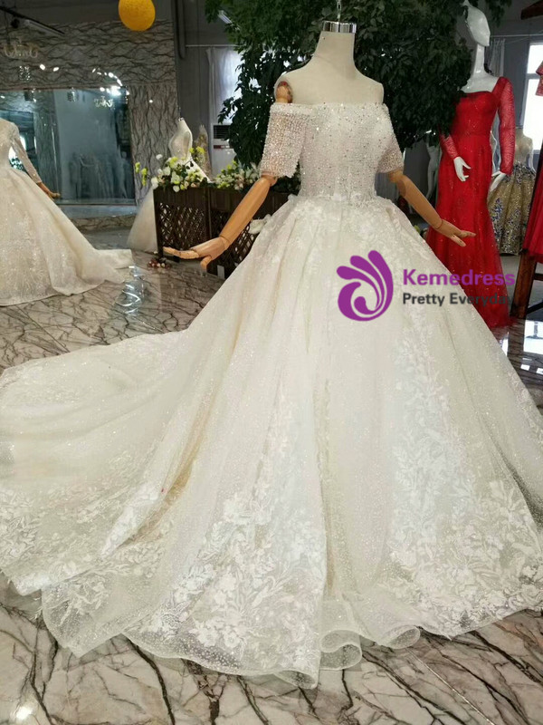 Shop 2019 Long & Short Light Champagne Ball Gown Tulle Sequins Appliques Off The Shoulder Short Sleeve Wedding Dress With Factory Price From Kemedress