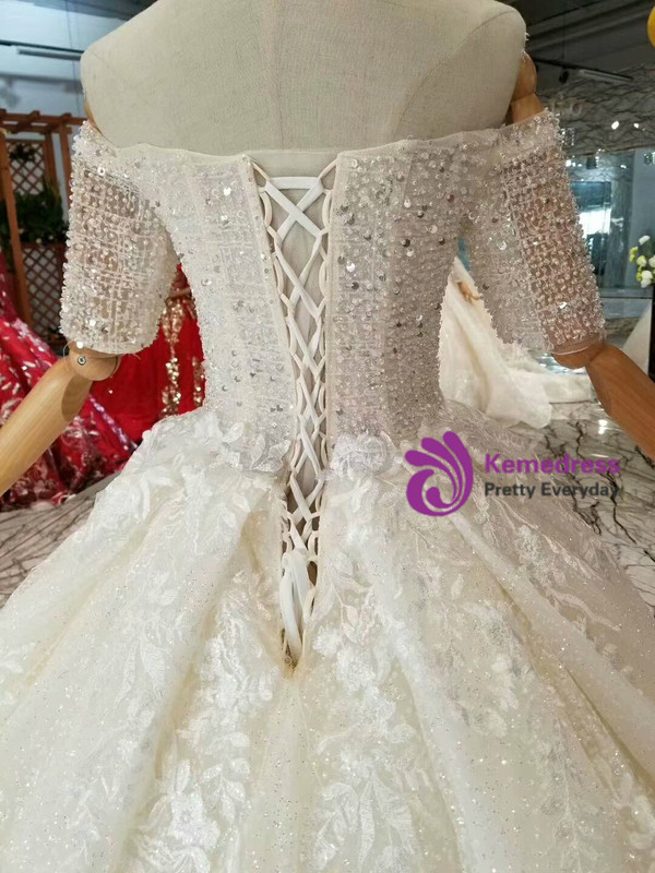 Shop 2019 Long & Short Light Champagne Ball Gown Tulle Sequins Appliques Off The Shoulder Short Sleeve Wedding Dress With Factory Price From Kemedress