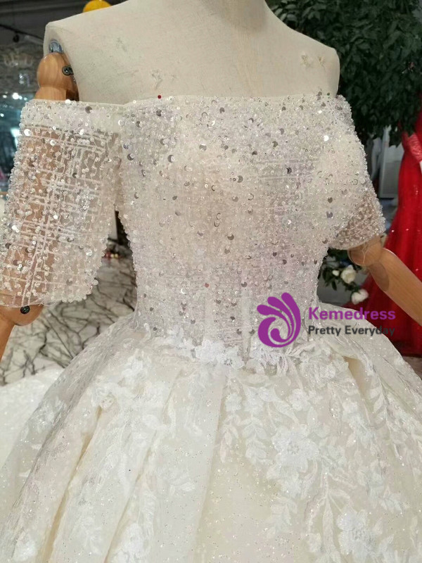 Shop 2019 Long & Short Light Champagne Ball Gown Tulle Sequins Appliques Off The Shoulder Short Sleeve Wedding Dress With Factory Price From Kemedress