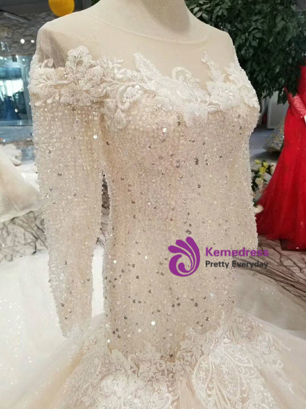 Shop 2019 Long & Short Champagne Tulle Mermaid Long Sleeve Backless Wedding Dress With Beading With Factory Price From Kemedress