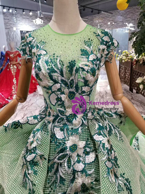 Shop 2019 Long & Short Green Ball Gown Sequins Embroidery Cap Sleeve Backless Wedding Dress With Factory Price From Kemedress