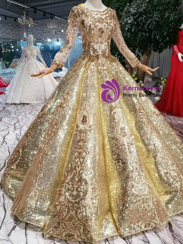 Shop 2019 Long & Short Gold Ball Gown Sequins Long Sleeve Scoop Floor Length Wedding Dress With Factory Price From Kemedress