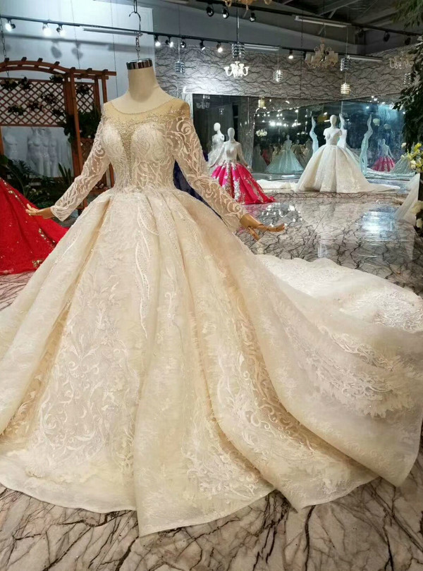 Shop 2019 Long & Short Champagne Ball Gown Tulle Lace Appliques bateau Long Sleeve Wedding Dress With Factory Price From Kemedress