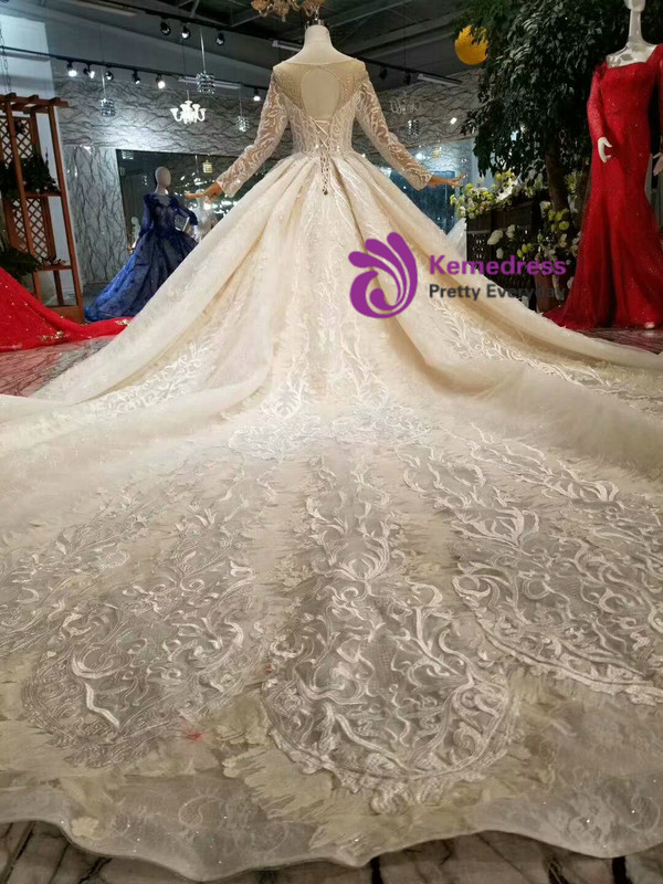 Shop 2019 Long & Short Champagne Ball Gown Tulle Lace Appliques bateau Long Sleeve Wedding Dress With Factory Price From Kemedress