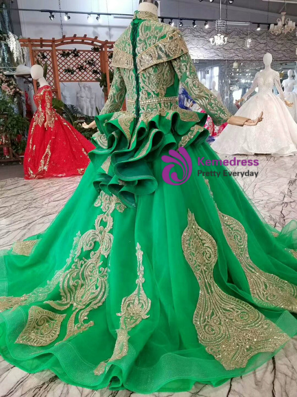 Shop 2019 Long & Short Green Ball Gown Tulle Gold Sequins High Neck Long Sleeve Wedding Dress With Factory Price From Kemedress