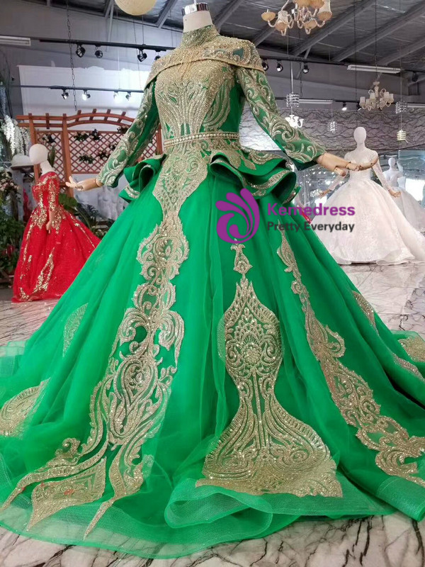 Shop 2019 Long & Short Green Ball Gown Tulle Gold Sequins High Neck Long Sleeve Wedding Dress With Factory Price From Kemedress