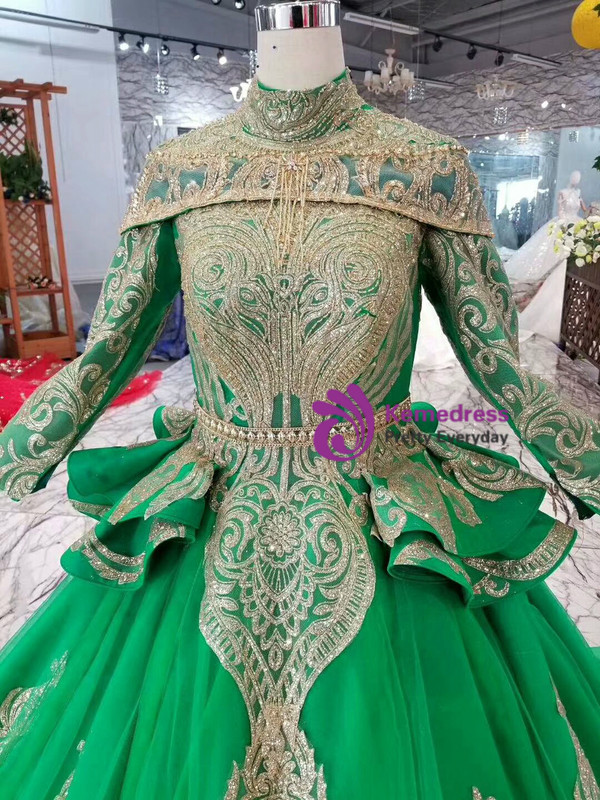 Shop 2019 Long & Short Green Ball Gown Tulle Gold Sequins High Neck Long Sleeve Wedding Dress With Factory Price From Kemedress