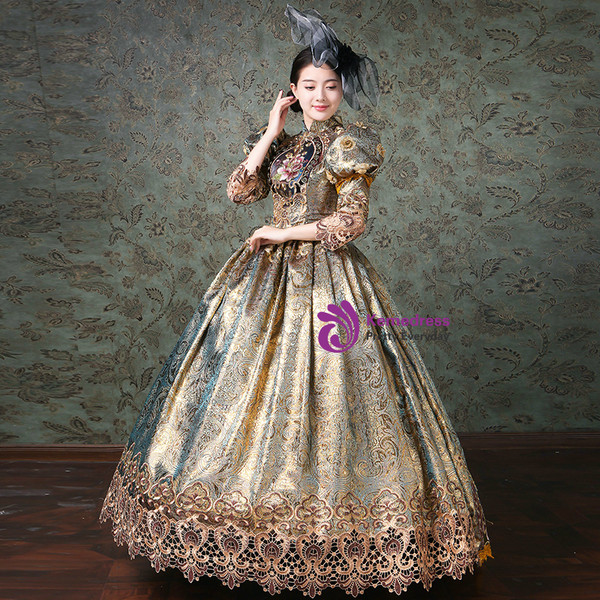 Shop 2019 Long & Short Champagne Satin Puff Sleeve Print Drama Show Vintage Gown Dress With Factory Price From Kemedress