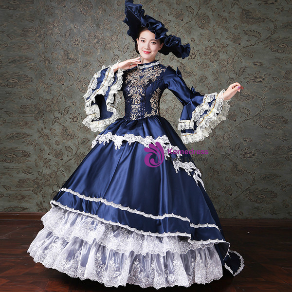 Shop 2019 Long & Short Blue Ball Gown Satin Puff Sleeve Appliques Drama Show Vintage Gown Dress With Factory Price From Kemedress