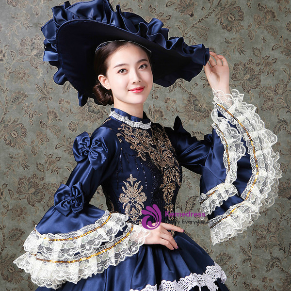 Shop 2019 Long & Short Blue Ball Gown Satin Puff Sleeve Appliques Drama Show Vintage Gown Dress With Factory Price From Kemedress