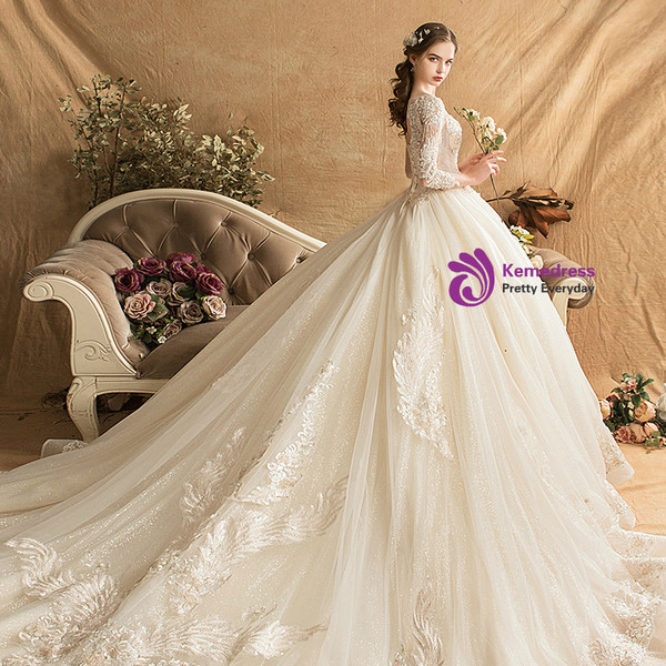Shop 2019 Long & Short Champagne Ball Gown Tulle Appliques Long Sleeve Backless Wedding Dress With Train With Factory Price From Kemedress
