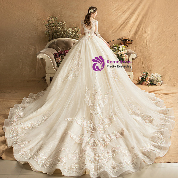 Shop 2019 Long & Short Champagne Ball Gown Tulle Appliques Long Sleeve Backless Wedding Dress With Train With Factory Price From Kemedress