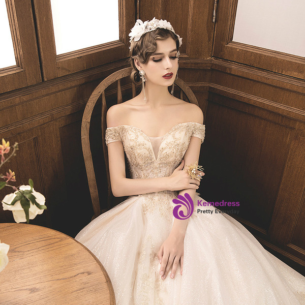 Shop 2019 Long & Short Champagne Court Ball Gown Tulle Appliques Off The Shoulder Wedding Dress With Train With Factory Price From Kemedress