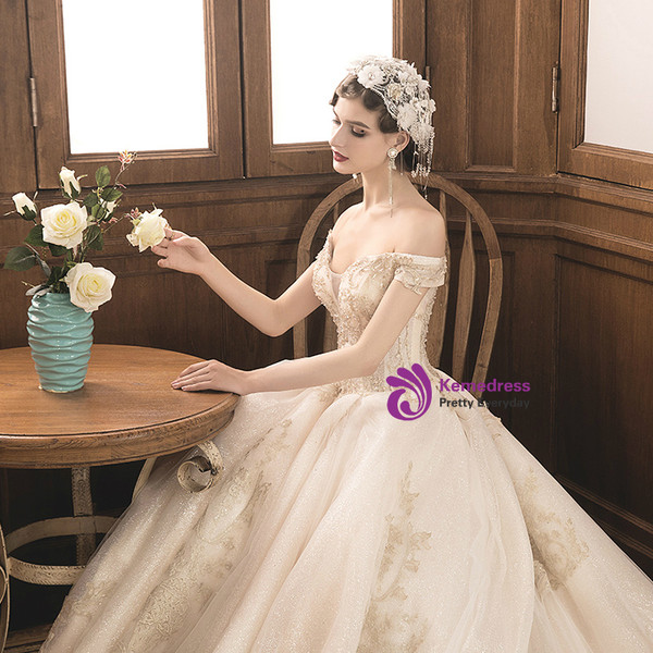 Shop 2019 Long & Short Champagne Court Ball Gown Tulle Appliques Off The Shoulder Wedding Dress With Train With Factory Price From Kemedress