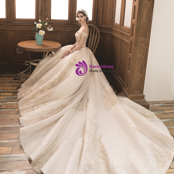 Shop 2019 Long & Short Champagne Court Ball Gown Tulle Appliques Off The Shoulder Wedding Dress With Train With Factory Price From Kemedress