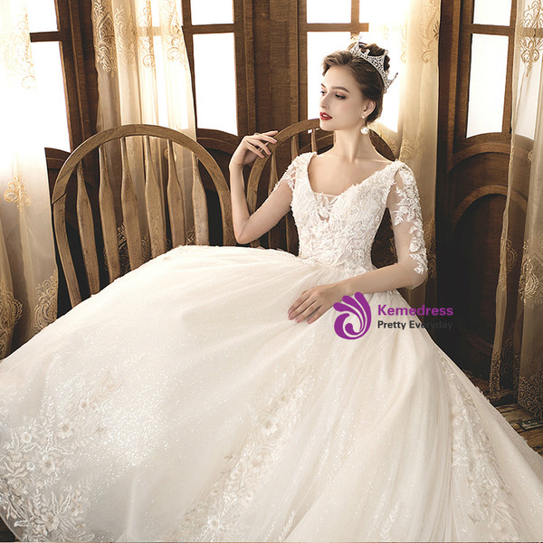 Shop 2019 Long & Short Light Champagne Ball Gown Tulle Appliques Deep V-neck Long Sleeve Wedding Dress With Factory Price From Kemedress