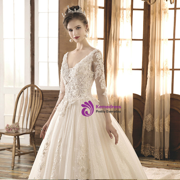 Shop 2019 Long & Short Light Champagne Ball Gown Tulle Appliques Deep V-neck Long Sleeve Wedding Dress With Factory Price From Kemedress
