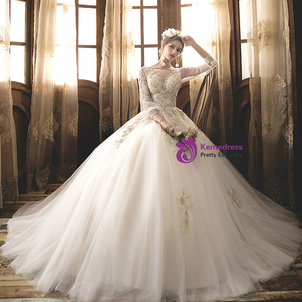 Shop 2019 Long & Short Light Champagne Tulle Appliques Bateau Long Sleeve Wedding Dress With Factory Price From Kemedress