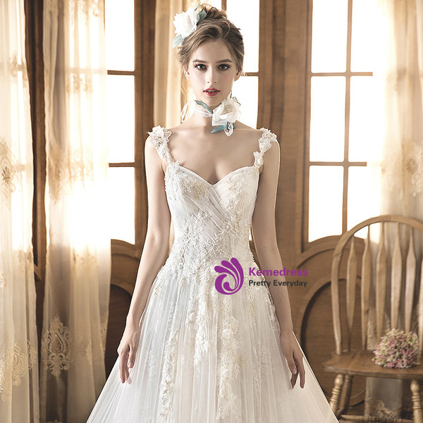 Shop 2019 Long & Short A-Line Ivory White Tulle Lace Straps Appliques Pleats Wedding Dress With Factory Price From Kemedress