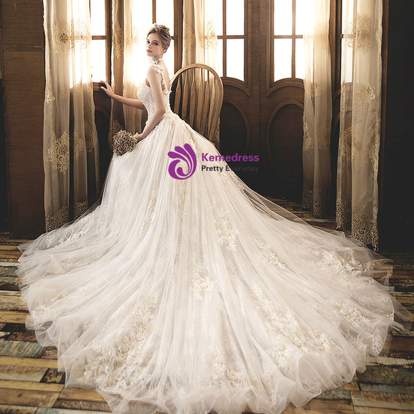 Shop 2019 Long & Short A-Line Ivory White Tulle Lace Straps Appliques Pleats Wedding Dress With Factory Price From Kemedress