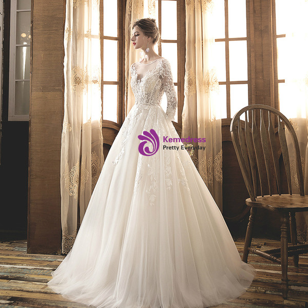 Shop 2019 Long & Short Light Champagne Tulle Lace Appliques Half Sleeve Backless Wedding Dress With Factory Price From Kemedress