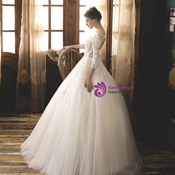 Shop 2019 Long & Short Light Champagne Tulle Lace Appliques Half Sleeve Backless Wedding Dress With Factory Price From Kemedress