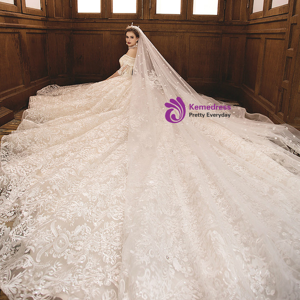 Shop 2019 Long & Short Light Champagne Ball Gown Lace Off The Shoulder Short Sleeve Wedding Dress With Factory Price From Kemedress