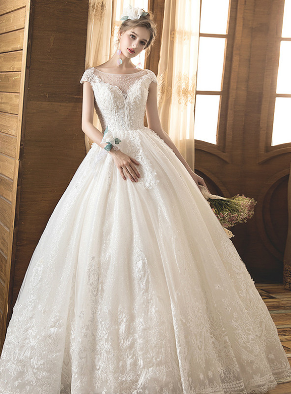 Shop 2019 Long & Short Light Champagne Tulle Lace Bateau Cap Sleeve Backless Wedding Dress With Factory Price From Kemedress