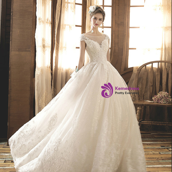 Shop 2019 Long & Short Light Champagne Tulle Lace Bateau Cap Sleeve Backless Wedding Dress With Factory Price From Kemedress