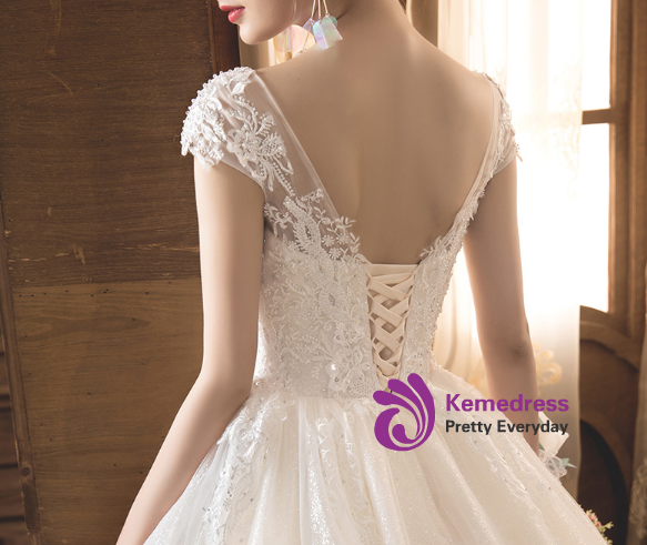 Shop 2019 Long & Short Light Champagne Tulle Lace Bateau Cap Sleeve Backless Wedding Dress With Factory Price From Kemedress