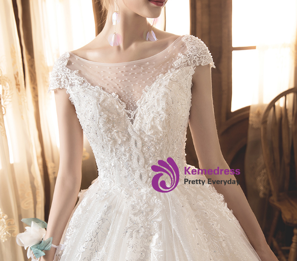 Shop 2019 Long & Short Light Champagne Tulle Lace Bateau Cap Sleeve Backless Wedding Dress With Factory Price From Kemedress