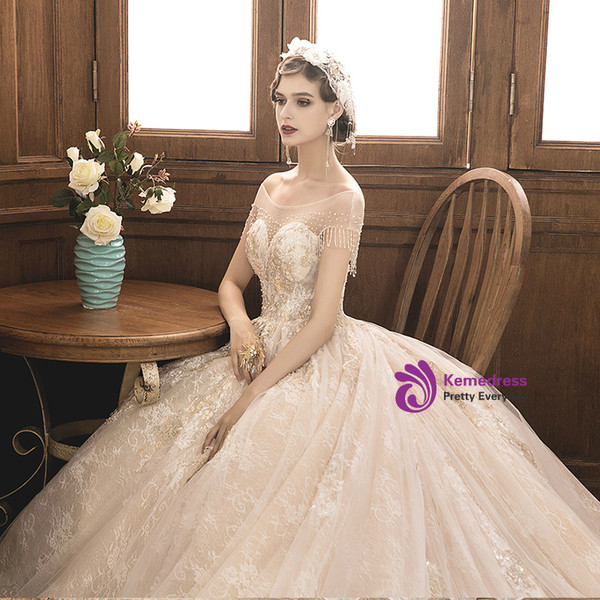 Shop 2019 Long & Short Champagne Tulle Lace Cap Sleeve Backless Wedding Dress With Beading With Factory Price From Kemedress