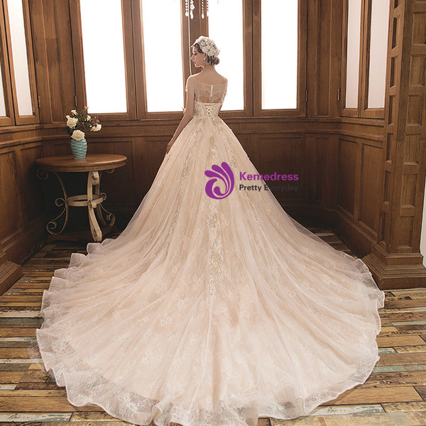Shop 2019 Long & Short Champagne Tulle Lace Cap Sleeve Backless Wedding Dress With Beading With Factory Price From Kemedress