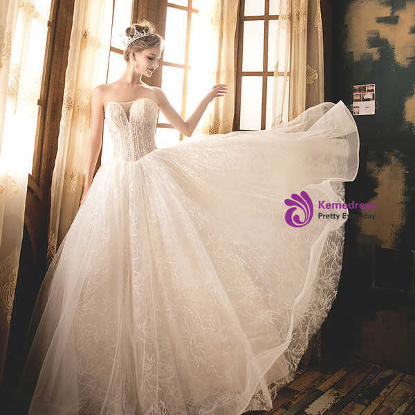 Shop 2019 Long & Short Champagne Tulle Lace Sweetheart Neck Wedding Dress With Beading With Factory Price From Kemedress