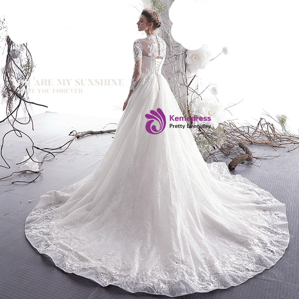 Shop 2019 Long & Short Ivory White Ball Gown Lace Tulle High Neck 3/4 Sleeve Wedding Dress With Factory Price From Kemedress