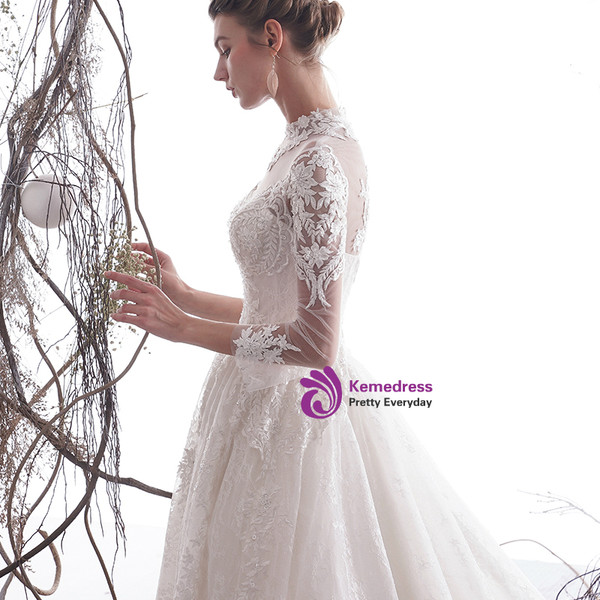 Shop 2019 Long & Short Ivory White Ball Gown Lace Tulle High Neck 3/4 Sleeve Wedding Dress With Factory Price From Kemedress