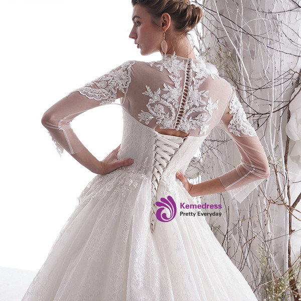 Shop 2019 Long & Short Ivory White Ball Gown Lace Tulle High Neck 3/4 Sleeve Wedding Dress With Factory Price From Kemedress